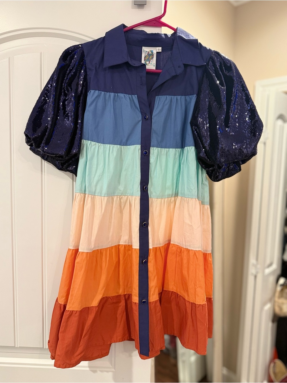 QOS Multi-Stripe Button-Front Dress with Sequin Puff Sleeves